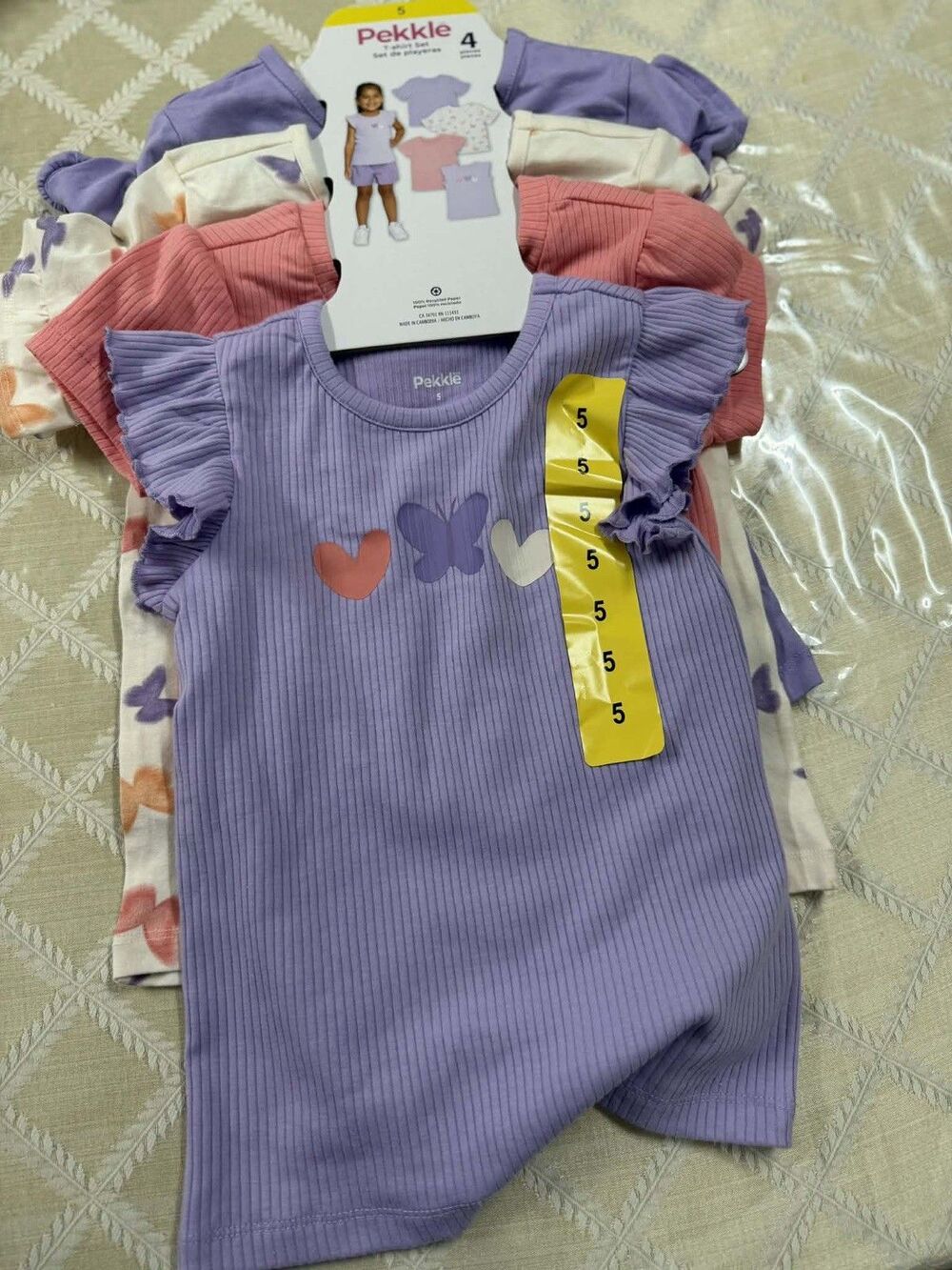 Pekkle Girls' 4-Piece T-Shirt Set. Size 5 Purple/butterflies, pink/flowers